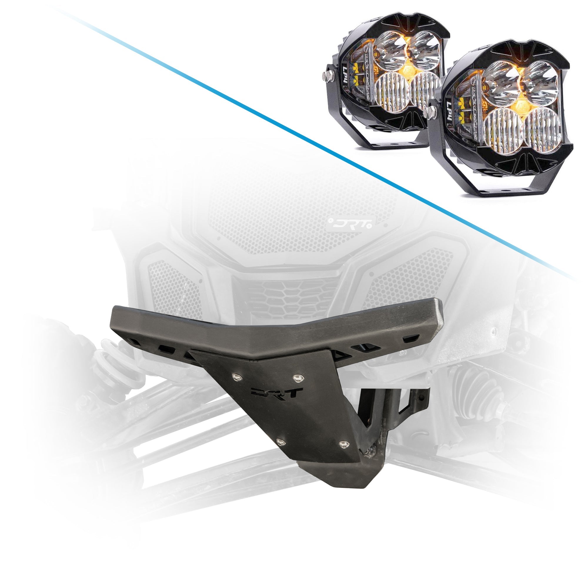 Steel replacement bulkhead with bumper assembly for Can-Am Maverick X3 adds front end strength and Baja Designs Squadron LED Auxiliary Light Pods 3x3 inch