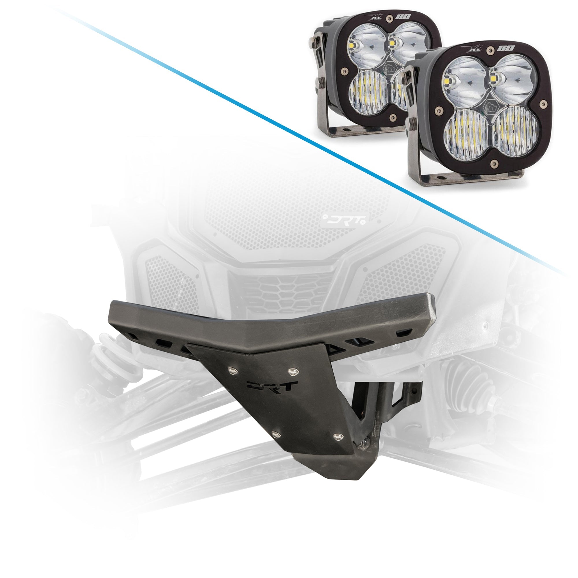 Durable front bumper and bulkhead kit for Maverick X3 2017+ enhances suspension support and stability and Baja Designs Squadron LED Auxiliary Light Pods 3x3 inch