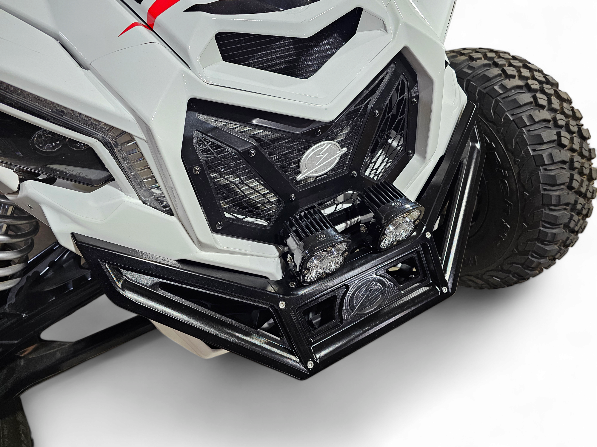 2017 to Current Can-Am X3 Maverick Machined Billet Front Winch Bumper (Black Anodize) with cube lights mounted.