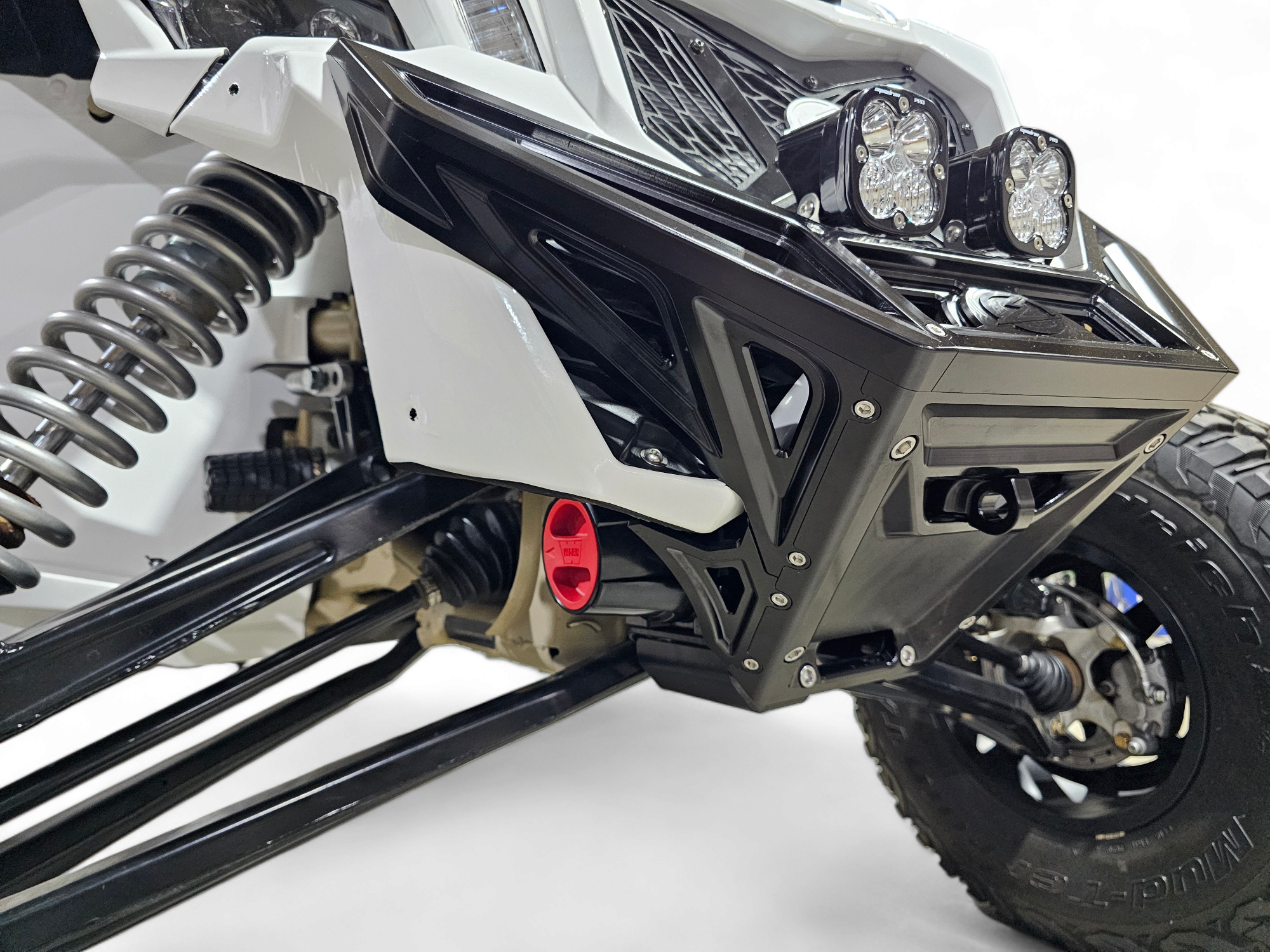 2017 to Current Can-Am X3 Maverick Machined Billet Front Winch Bumper (Black Anodize) featuring integrated lights and robust design.