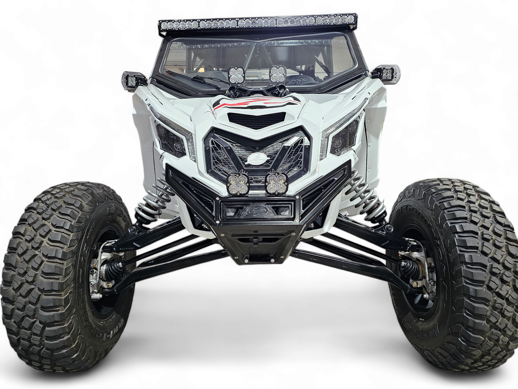 2017 to Current Can-Am X3 Maverick Machined Billet Front Winch Bumper (Black Anodize) on off-road vehicle with big tires.