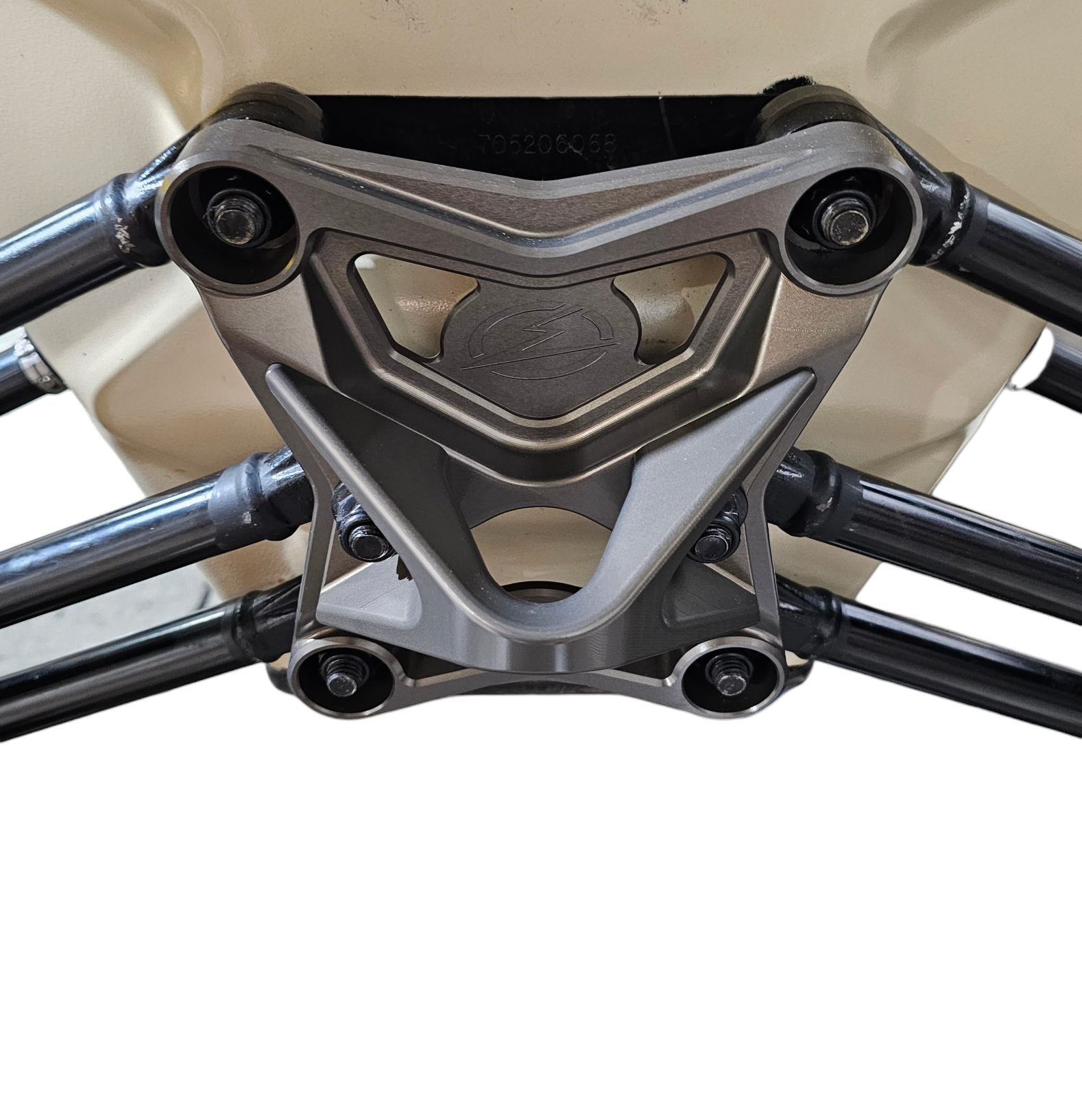 2017-2021 Can Am X3 Maverick EOD Radius Rod Plate with Tow Hook Gun Metal showing reinforced suspension and protection.