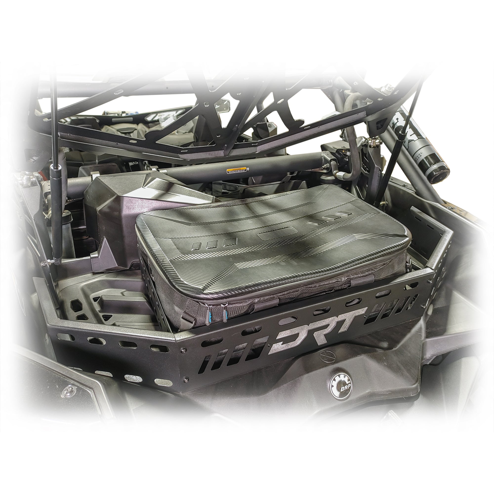 Can-Am Maverick X3 rear cargo storage rack, integrates with DRT bumper systems