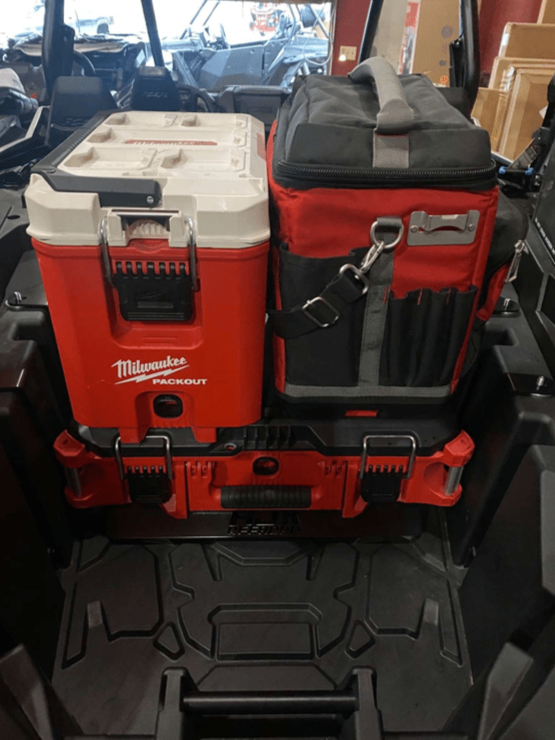 Polaris RZR PRO XP / Turbo R Packout Mount by AJK Offroad Close Up of Two Kits and One Cooler