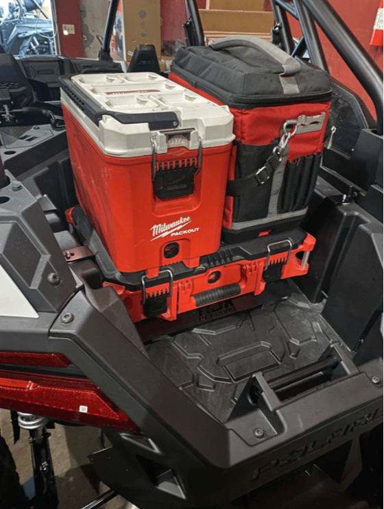 Polaris RZR PRO XP / Turbo R Packout Mount by AJK Offroad Close Up Left Side View of Two Kits and One Cooler