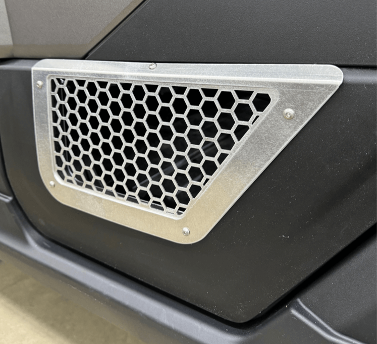 Polaris Xpedition Vented Lower Doors Inserts by AJK Offroad Side Close Up of Rear Door in Raw Aluminum 