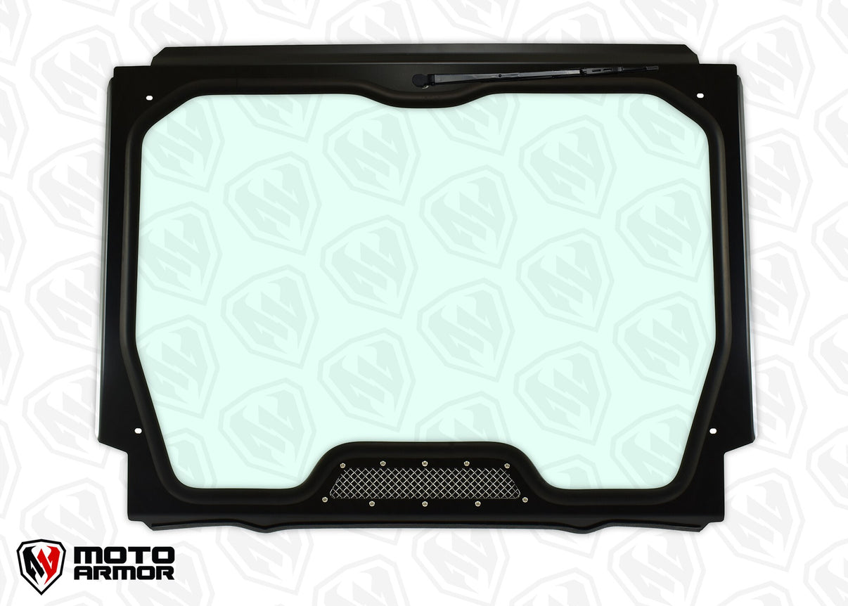 FULL GLASS WINDSHIELD FOR POLARIS RZR PRO XP featuring a wiper and vent with stainless steel mesh for dust control.