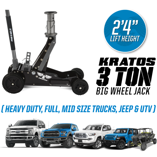 3 TON BIG WHEEL OFF ROAD JACK "KRATOS" with 2'4" lift height ideal for UTVs, side-by-sides, and off-road vehicles.