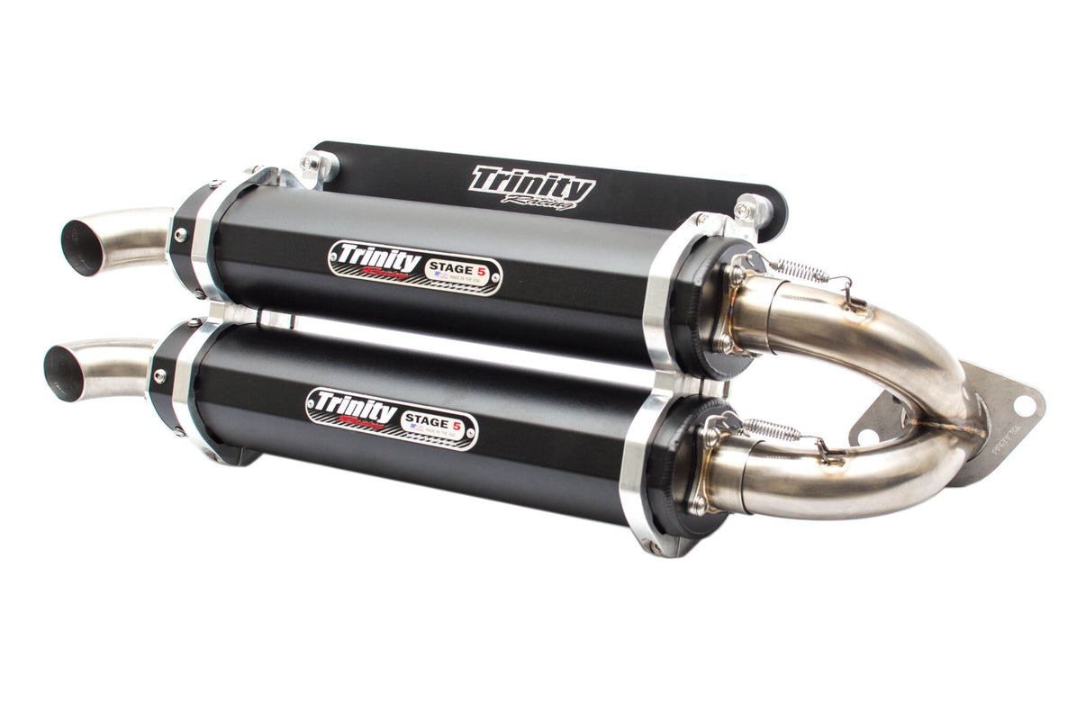 Trinity Slip on Exhaust for XP1000 Turbo showcasing dual aluminum mufflers and brushed stainless steel design.