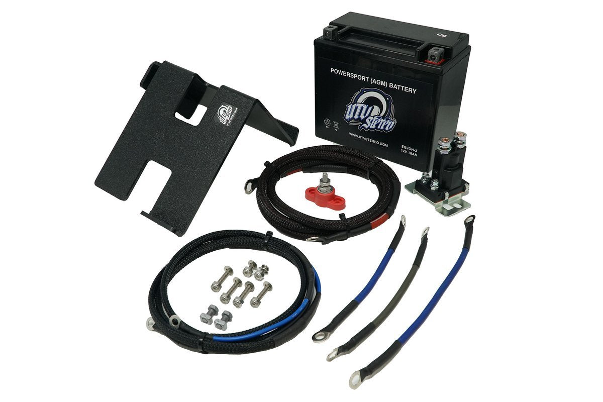 CAN AM X3 2ND BATTERY KIT BY UTV STEREO with battery, wiring, and installation components.