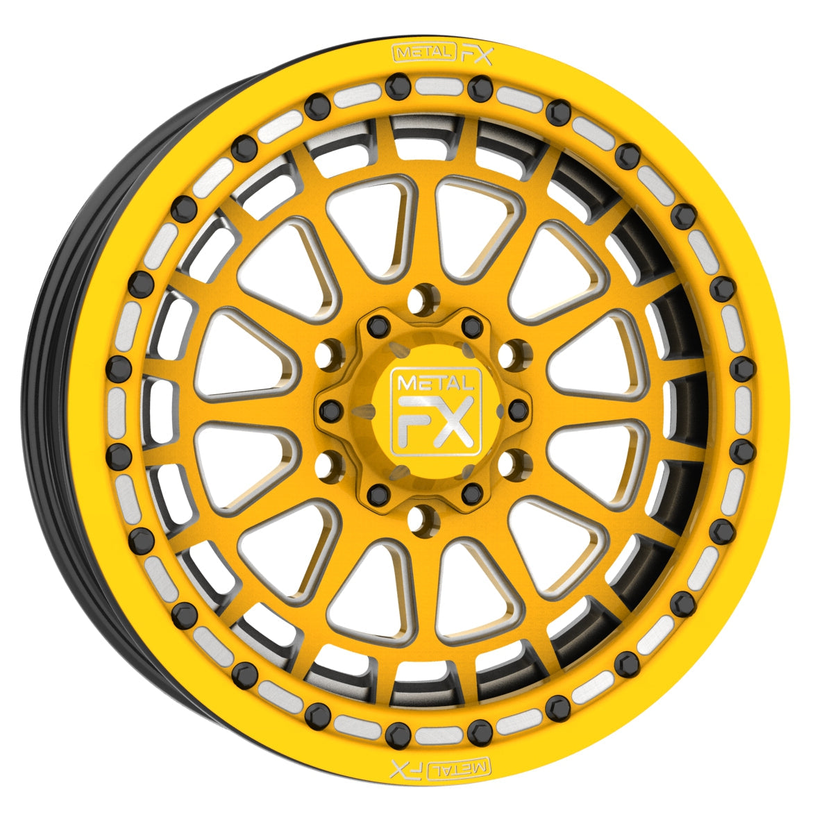 17" Outlaw 6R | Forged 3-Piece | Beadlock UTV wheel in yellow with intricate design by Metal FX Offroad.