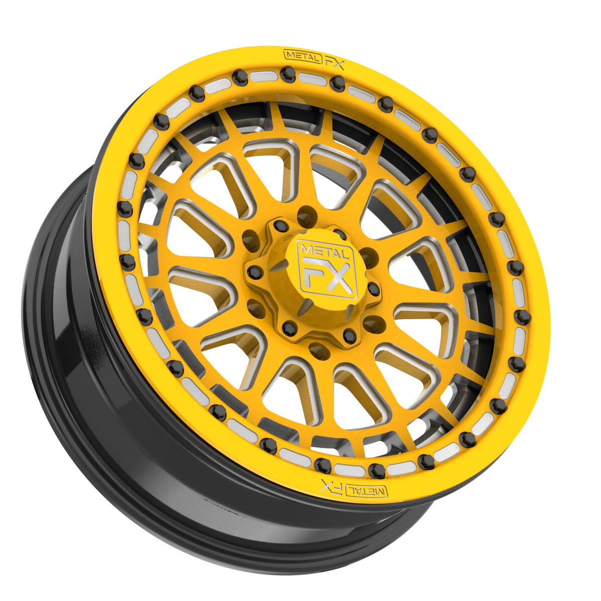 17" Outlaw 6R | Forged 3-Piece | Beadlock wheel design in vibrant yellow and black by Metal FX Offroad.